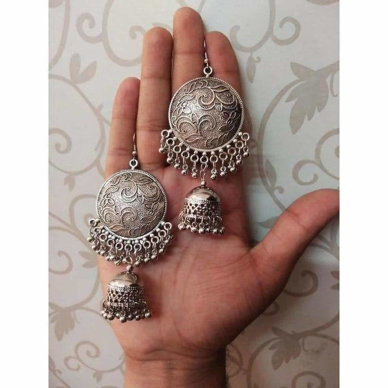 Round silver ethnic hook earrings with hanging Jhumka detail