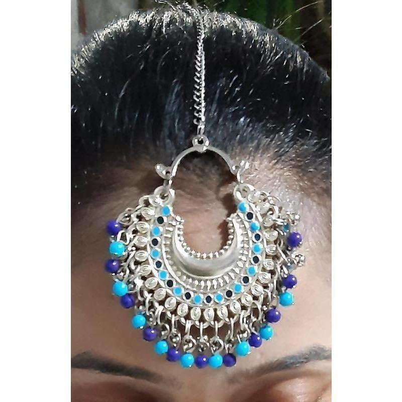 Royal blue traditional maang tikka with elegant hanging drops
