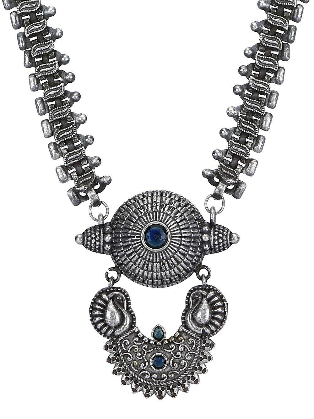 Long Pattern Silver Tone Brass Statement Necklace for Women