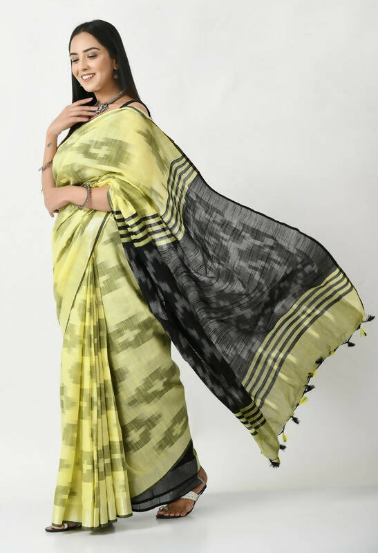 Lemon Yellow and Black Bhagalpuri Handloom Ikat Cotton Saree