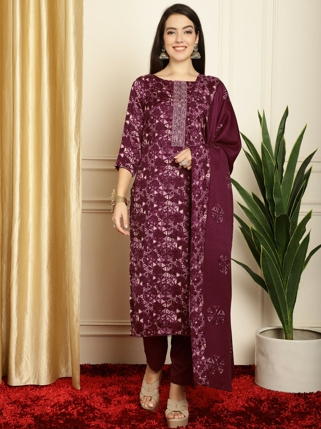 Women's Wine Pashmina Straight Kurta Set with Digital Floral Print