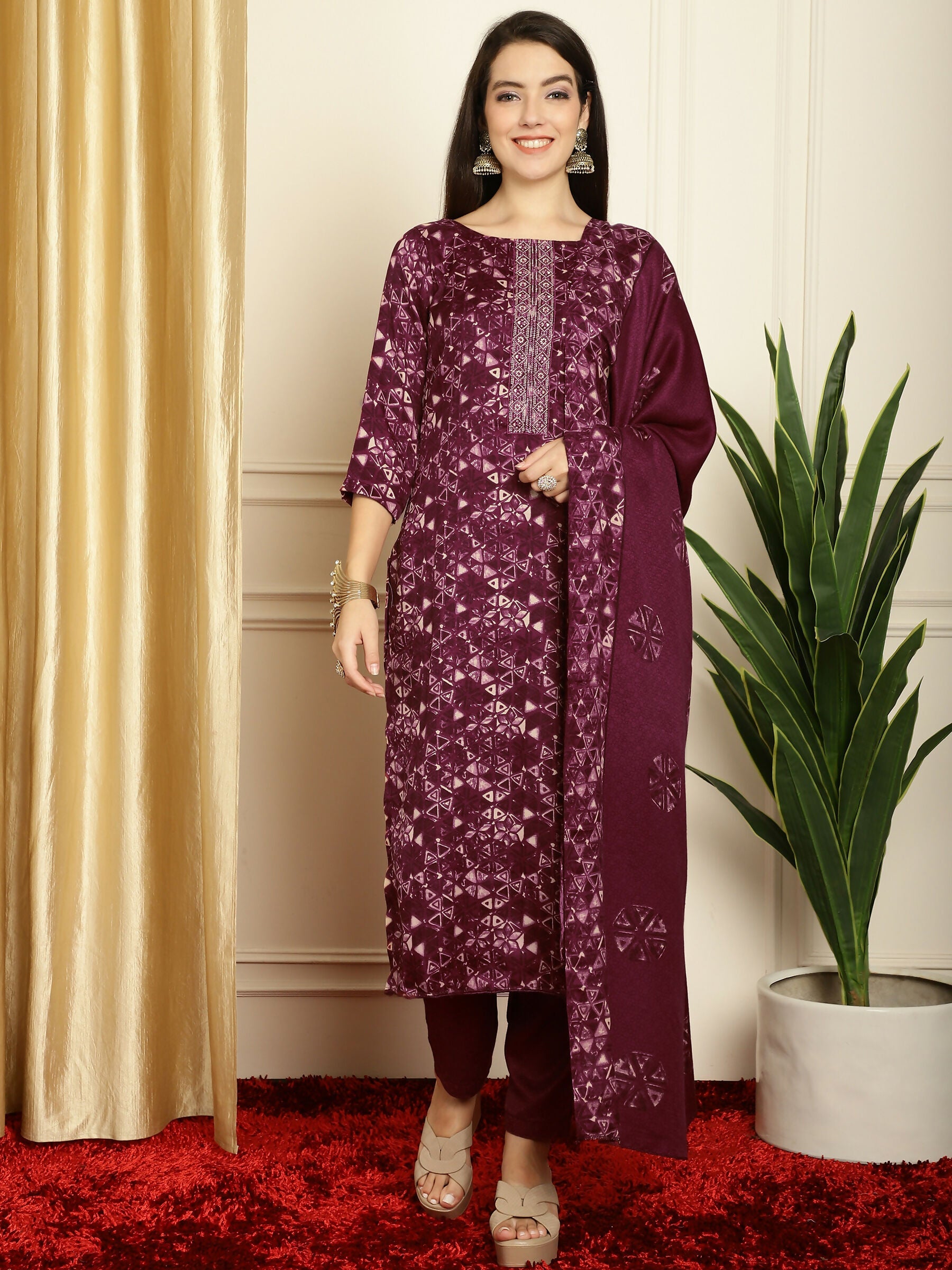Women's Wine Pashmina Straight Kurta Set with Digital Floral Print