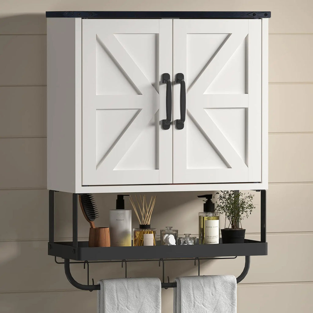 Timboniture Bathroom Cabinet Wall Mounted with 2 Barn Door Wood Medicine Cabinet Organizer with Adjustable Shelf and Towel Bar Storage Cabinet for Bathroom Laundry Living Room (White)