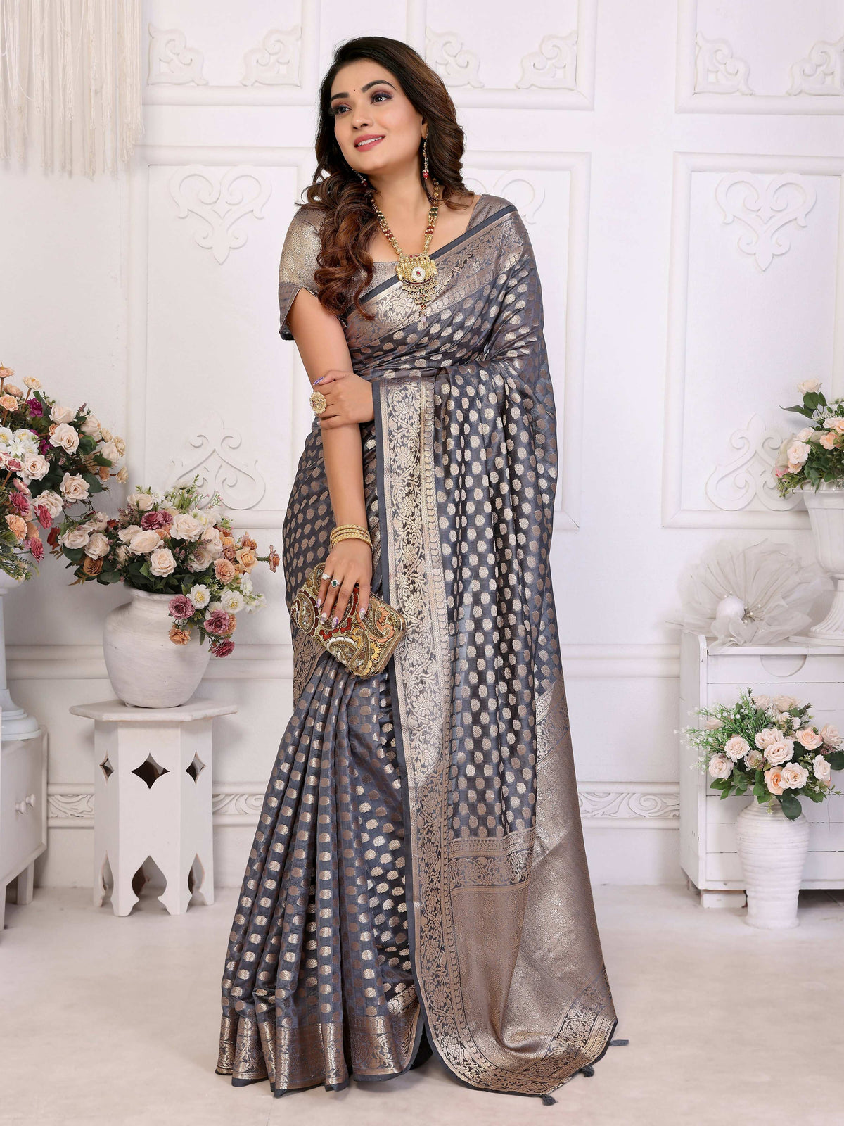 Grey Organza Silk Saree with Elegant Weaving Patterns