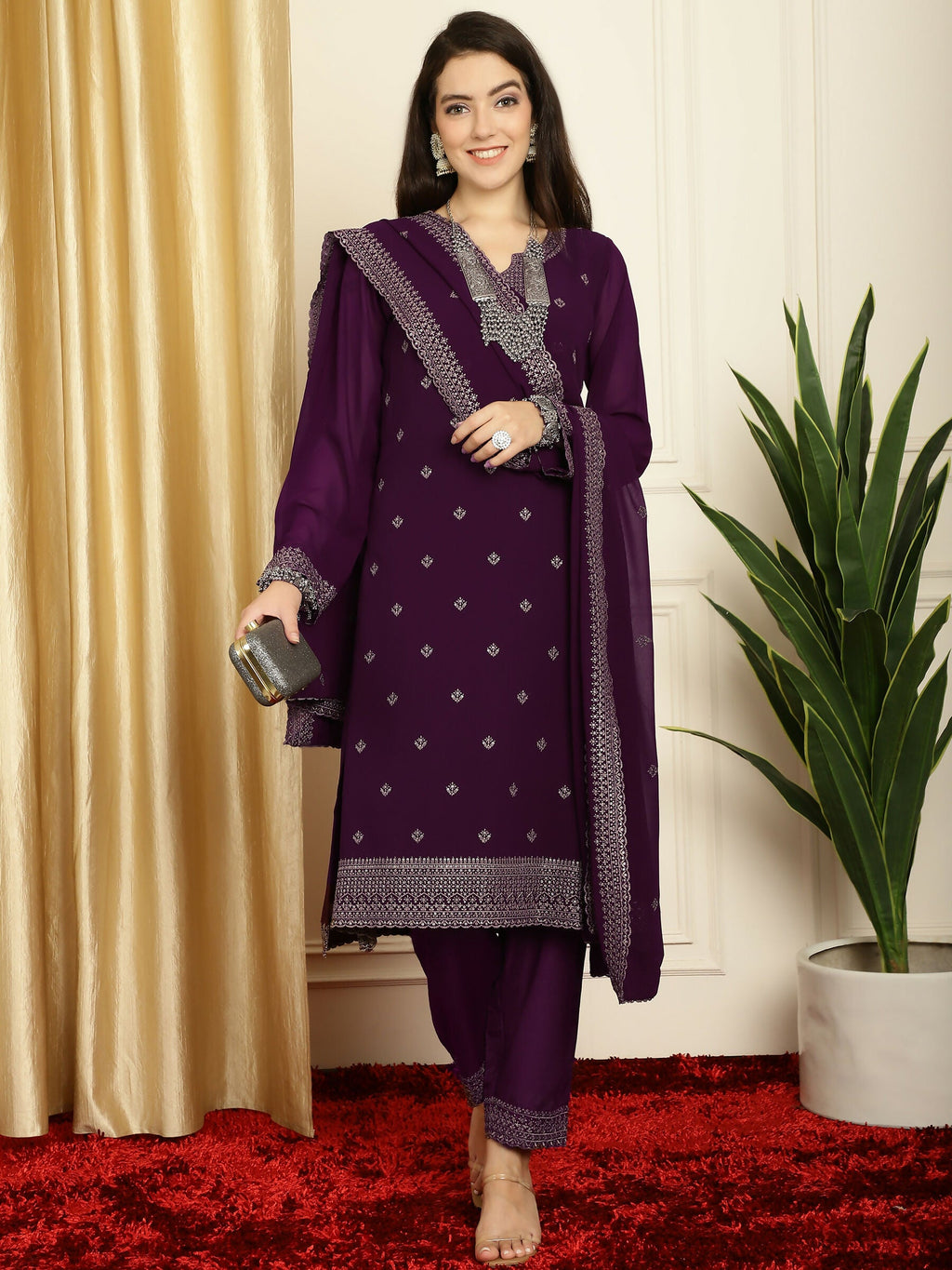 Jyoti Fashion Women's Burgundy Georgette Resham Thread & Sequin Kurta with Trouser & Dupatta