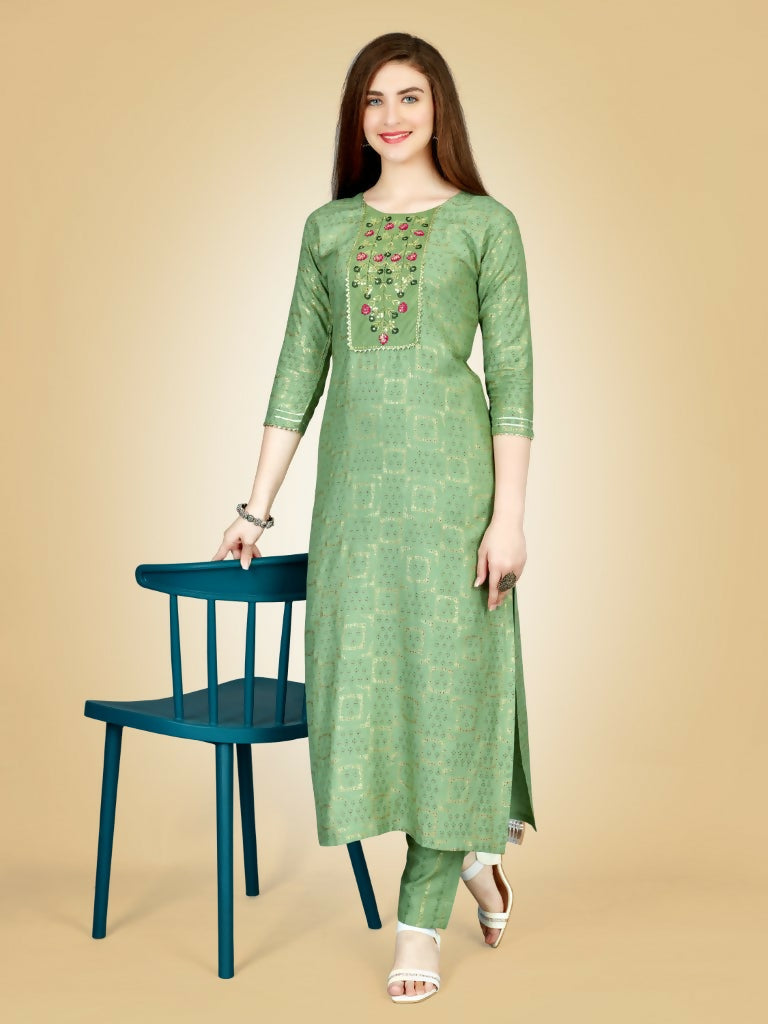 Sea Green calf-length straight kurta set with intricate embroidery
