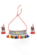 Multi-color tassel choker necklace with oxidised silver-plated brass detailing.
