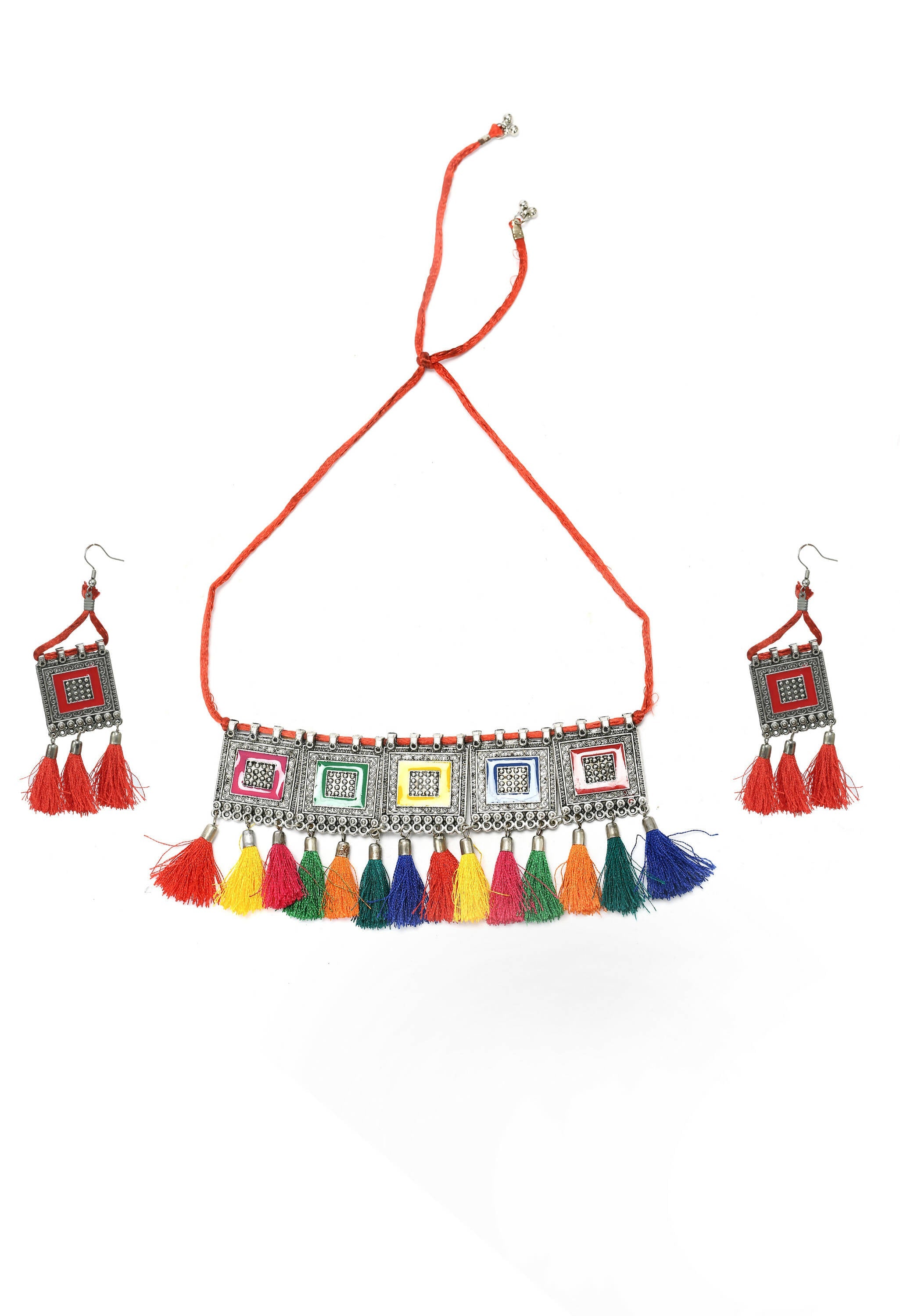 Multi-color tassel choker necklace with oxidised silver-plated brass detailing.
