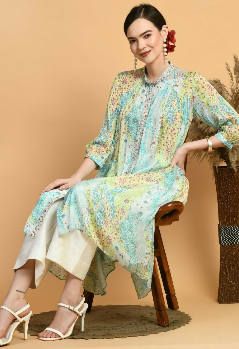 Mint Green Chiffon Midi Kurta Set with Geometric Print