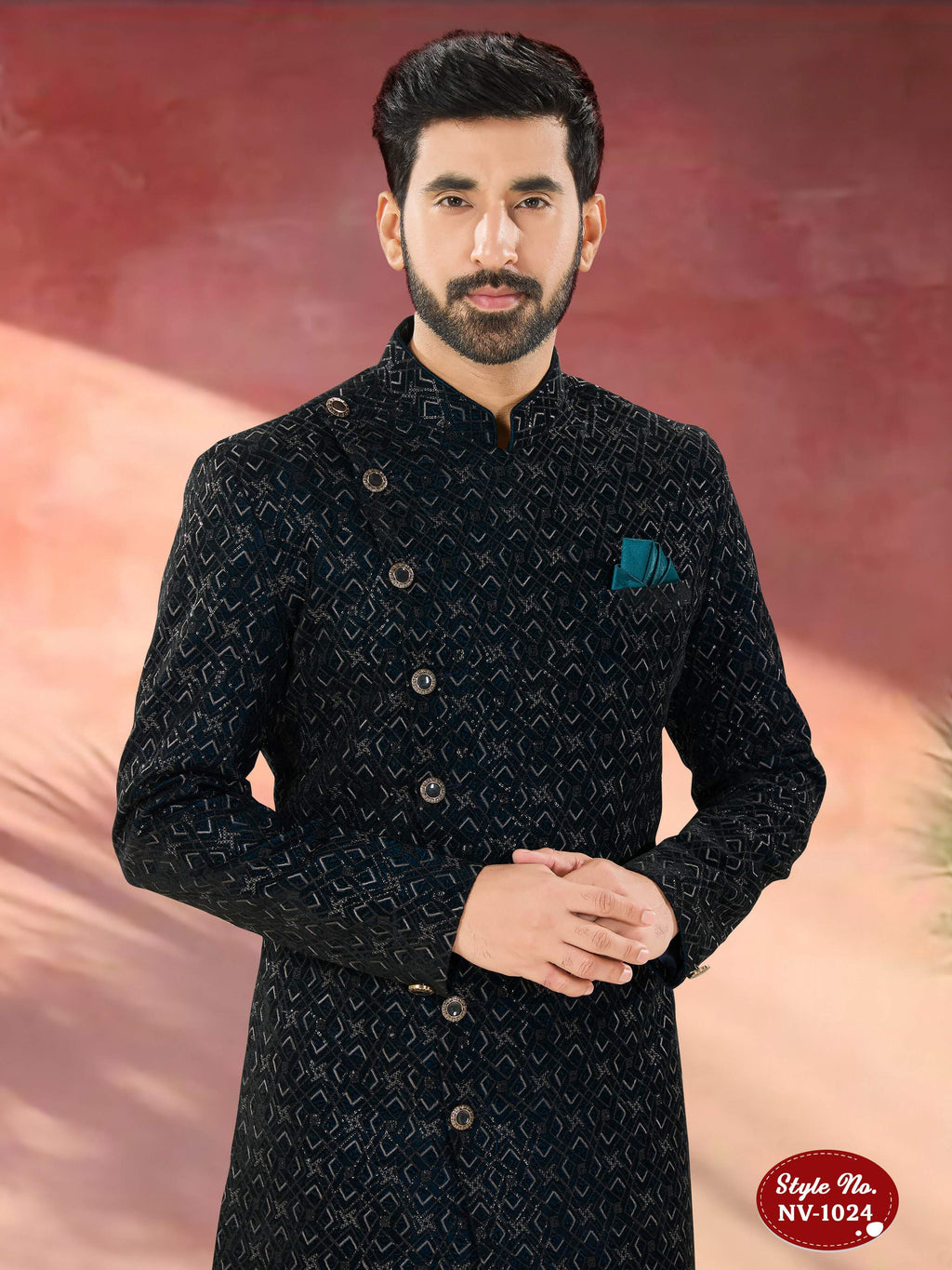 Men's Blue Velvet Indo-Western Kurta Set with Sequence Embroidery