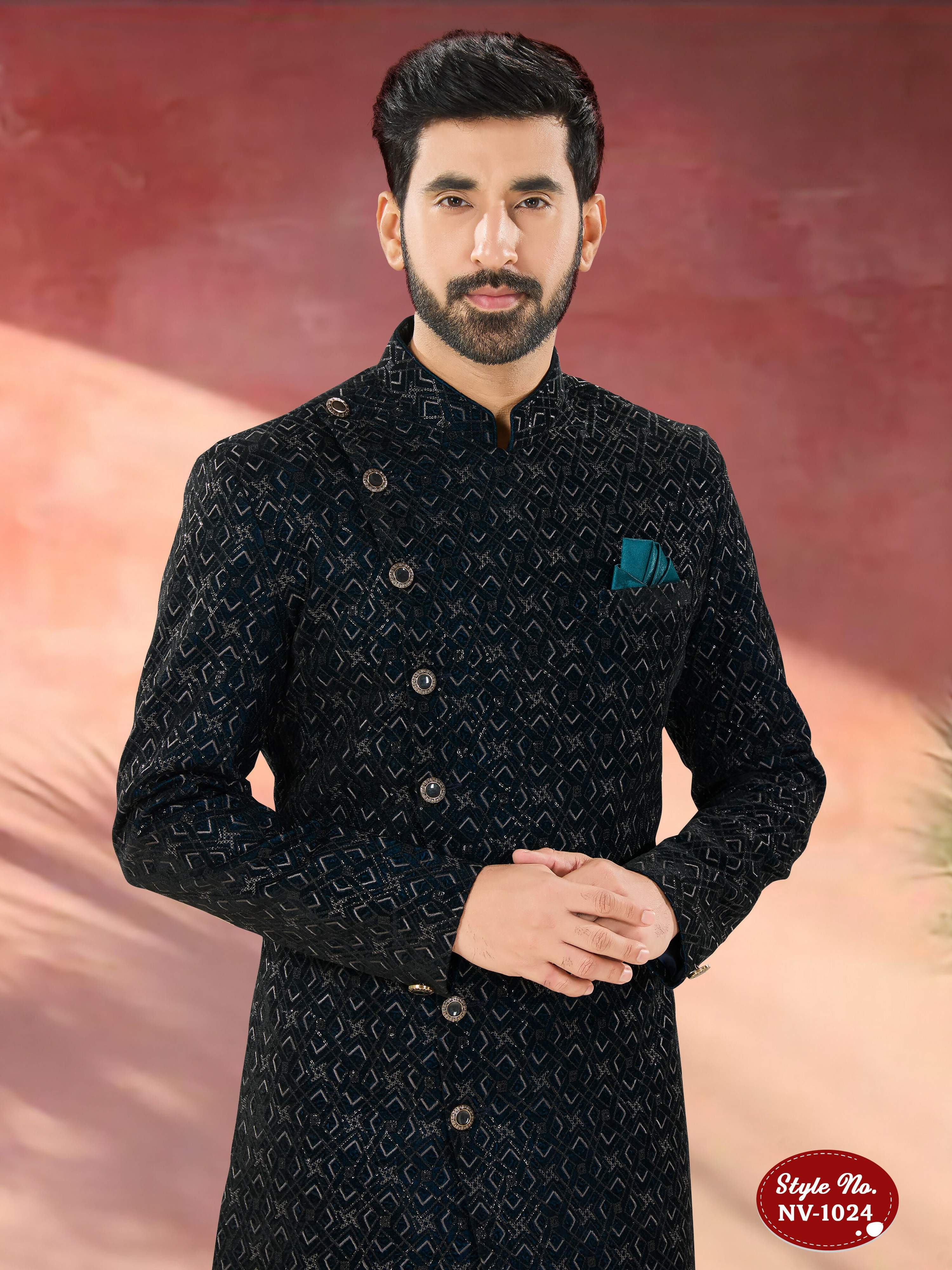 Men's Blue Velvet Indo-Western Kurta Set with Sequence Embroidery