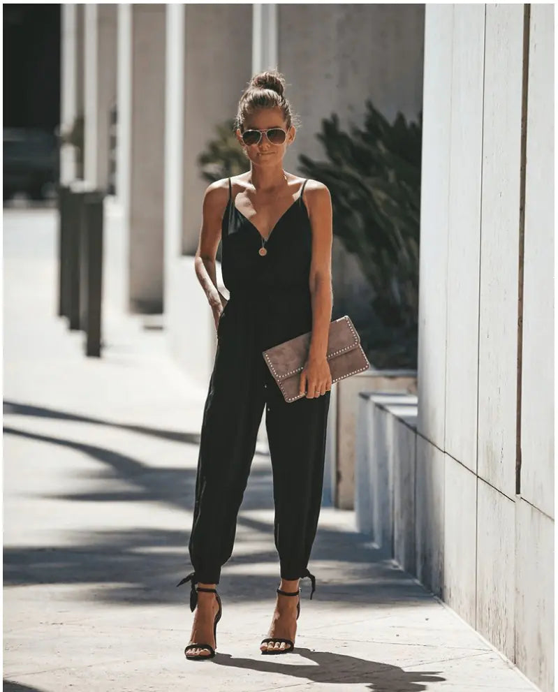 Women's V-Neck Floral Print Jumpsuit with Tie-Back and Cuffed Hem - Image 17