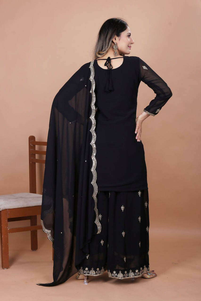 Black Georgette Embroidered Sharara Set for Festive Occasions