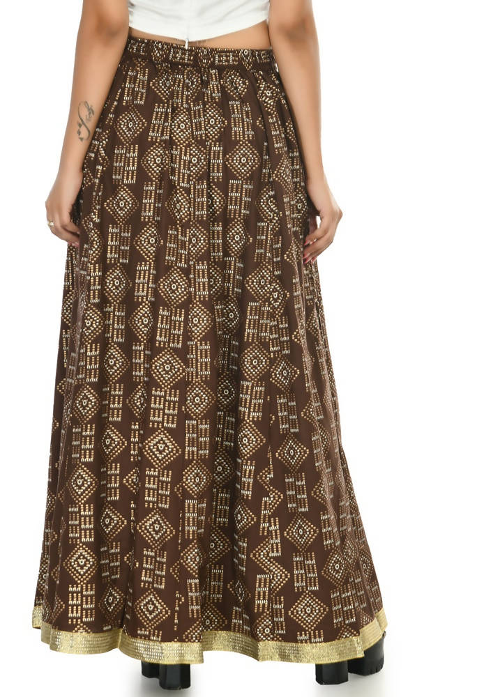 Coffee Brown Printed Cotton A-Line Floor Length Bohemian Lehenga