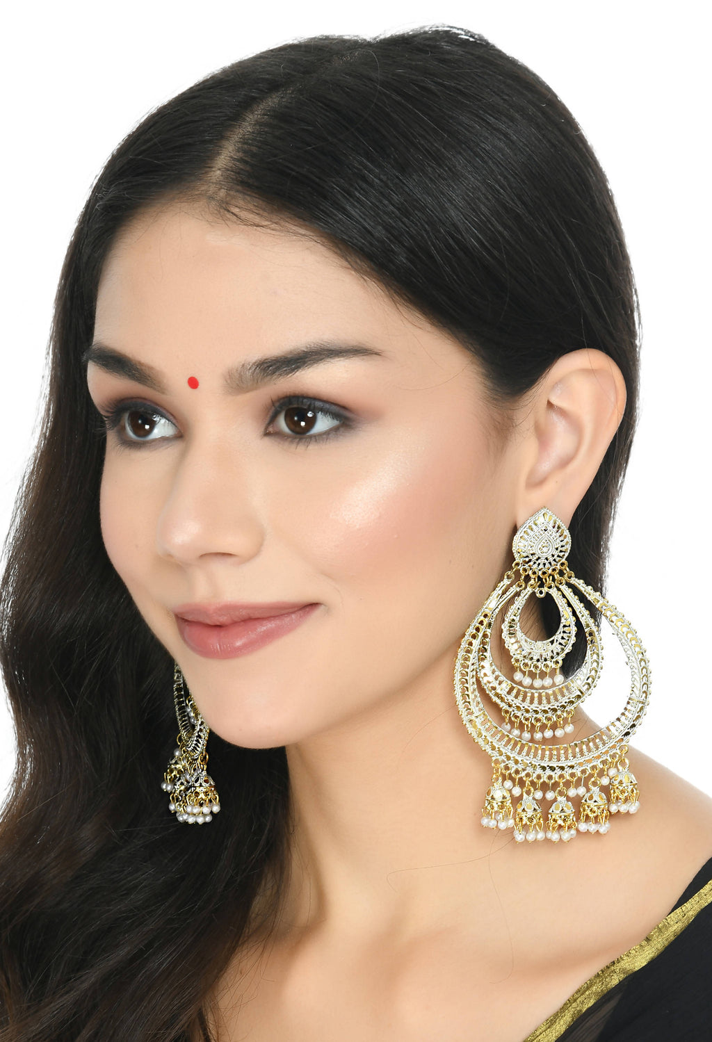 Large triple circle earrings featuring white, red, and golden elements