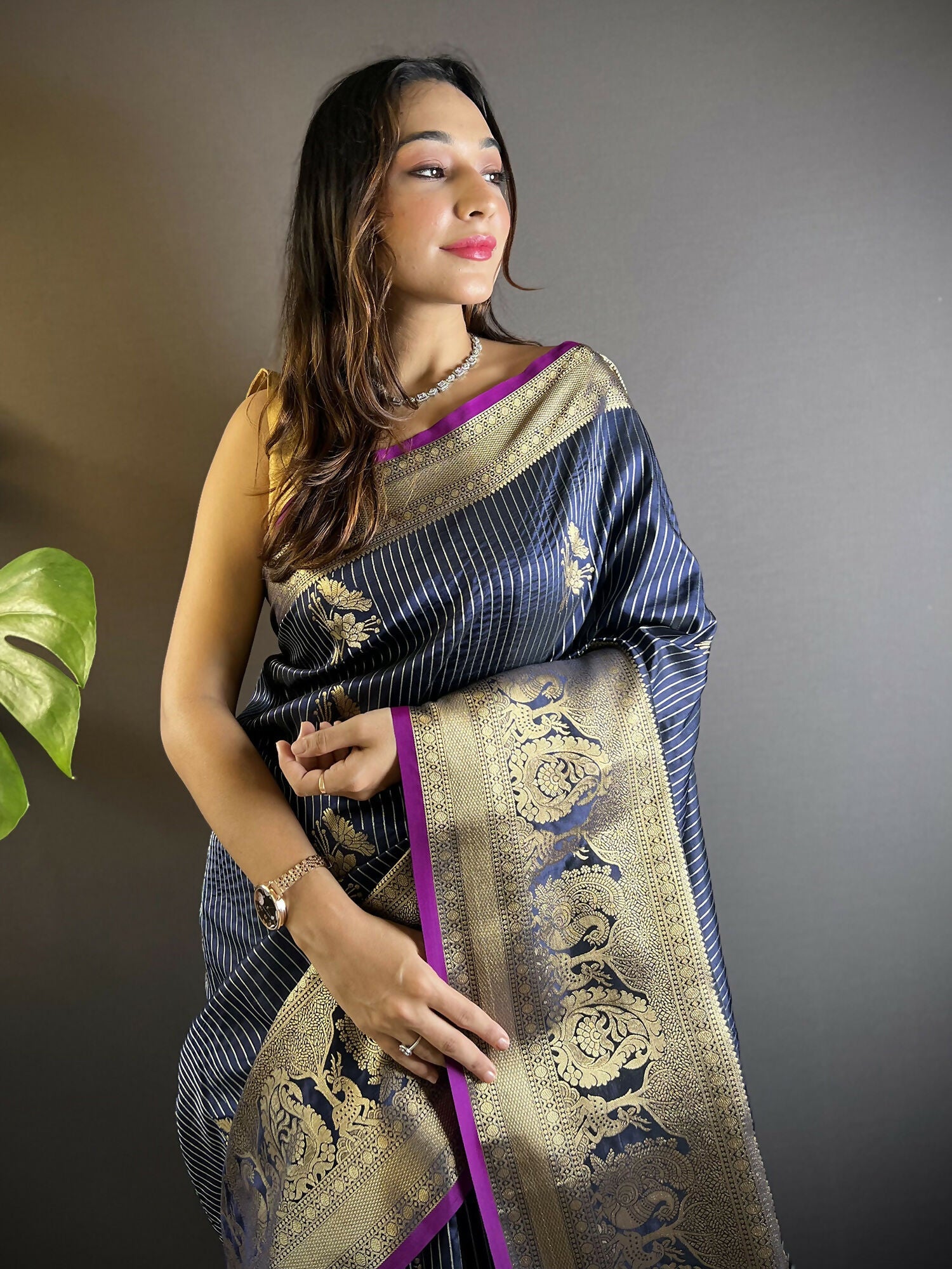 Navy Blue Striped Soft Silk Saree with Floral Motifs