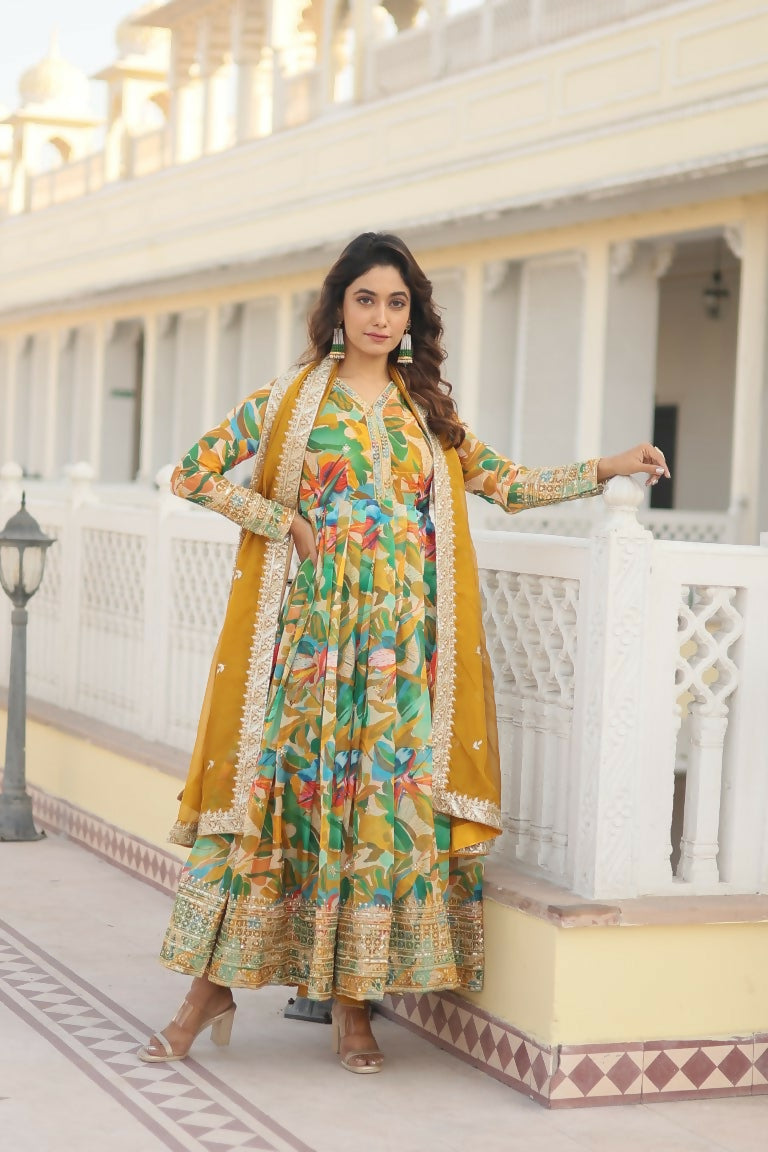 Green Russian silk Anarkali dress with zari and sequins embroidery