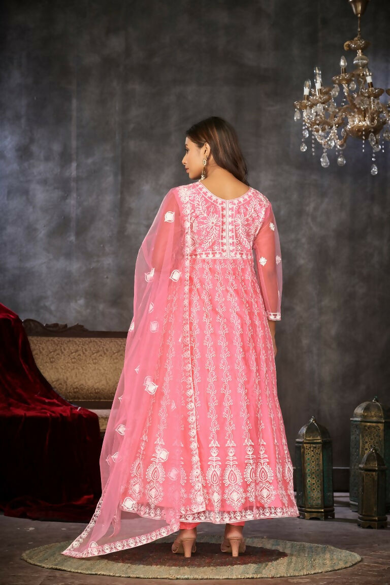 Jyoti Fashion Women's Baby Pink Net Embroidered Anarkali Kurta Pant Set With Dupatta