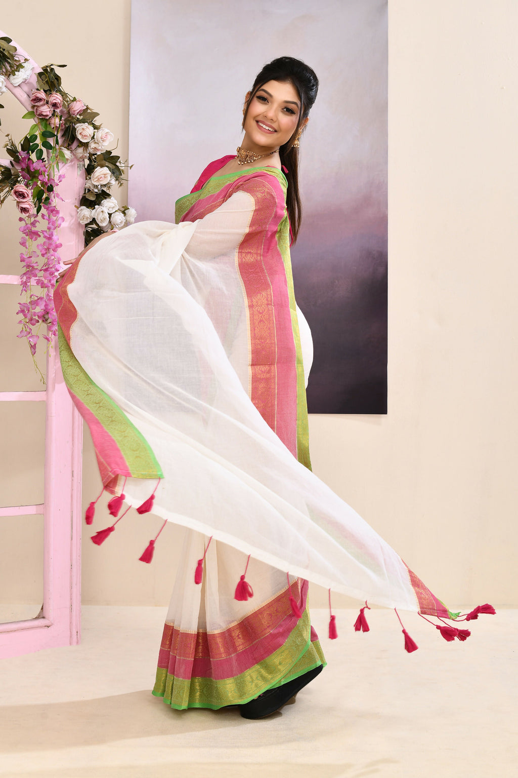 Off White Cotton Saree with Embellished Zari Border