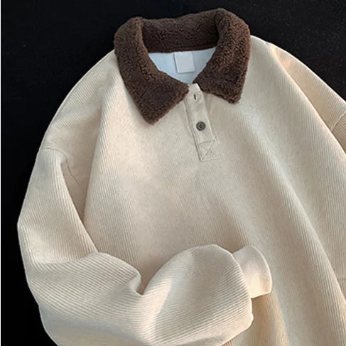 Women's Corduroy Pullover Sweater with Sherpa Collar Apricot