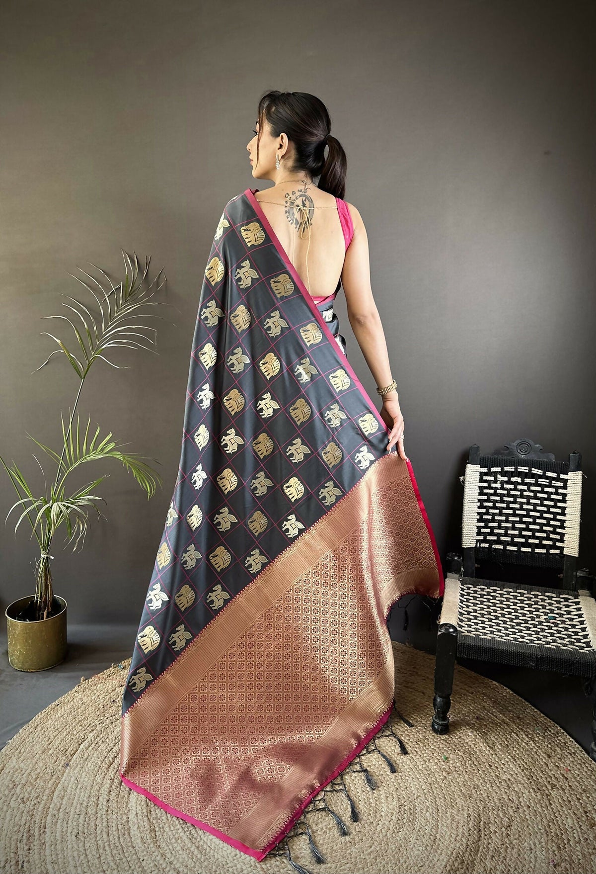 Grey Elephant Motif Soft Silk Banarasi Saree with Red Blouse
