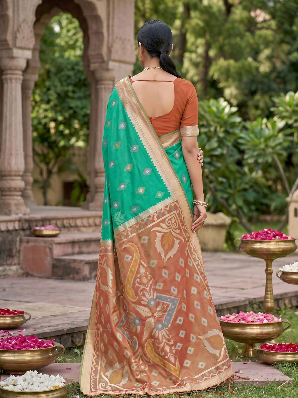 Rama Green Soft Silk Saree with Matching Blouse Piece
