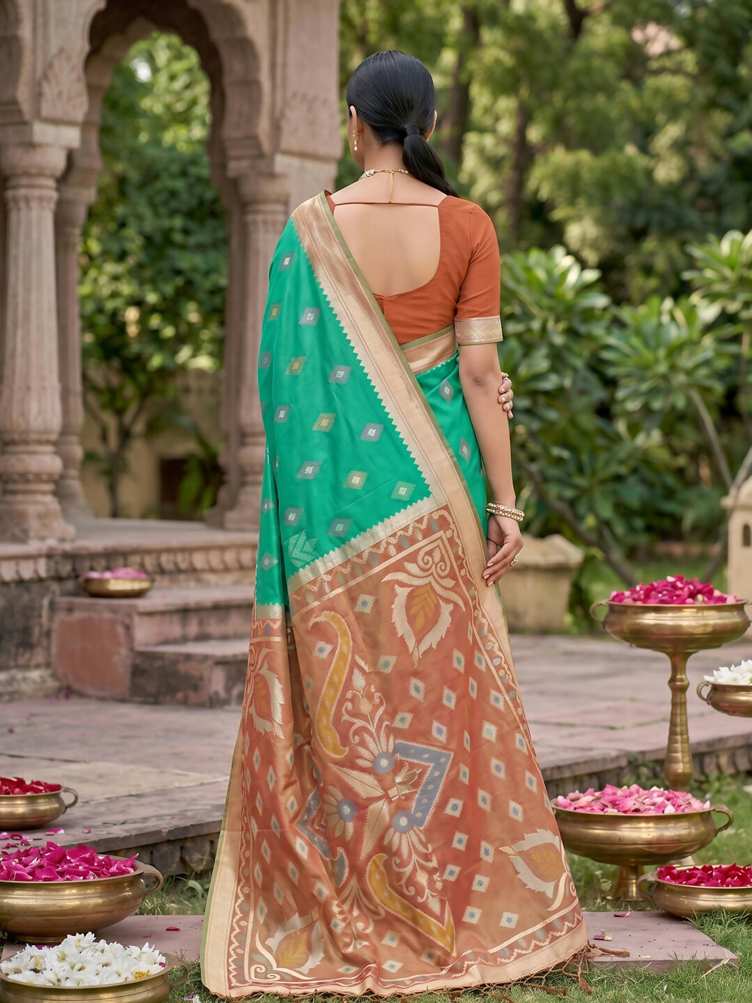 Rama Green Soft Silk Saree with Matching Blouse Piece