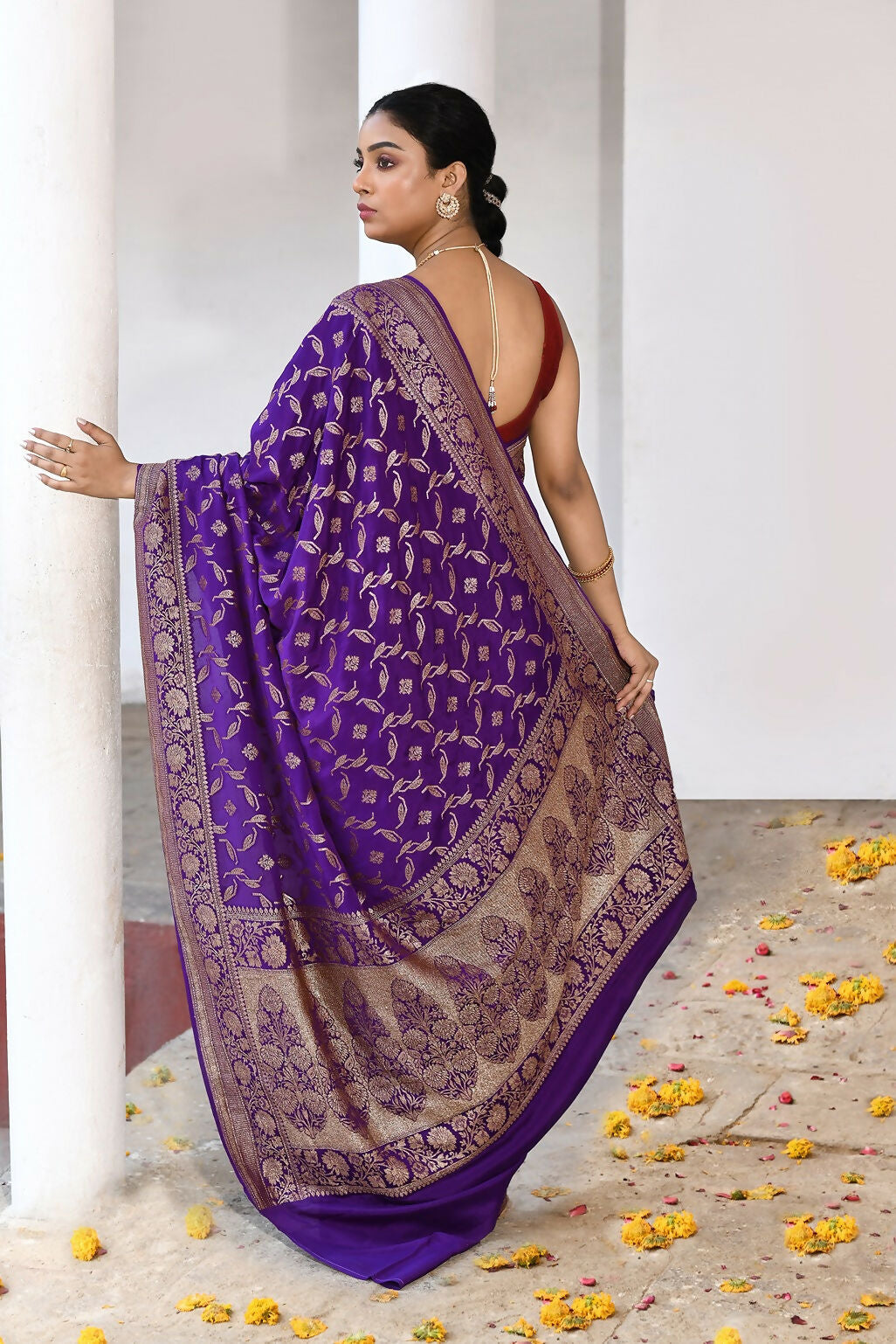 Purple Crepe Chiffon Pure Handloom Banarasi Silk Saree