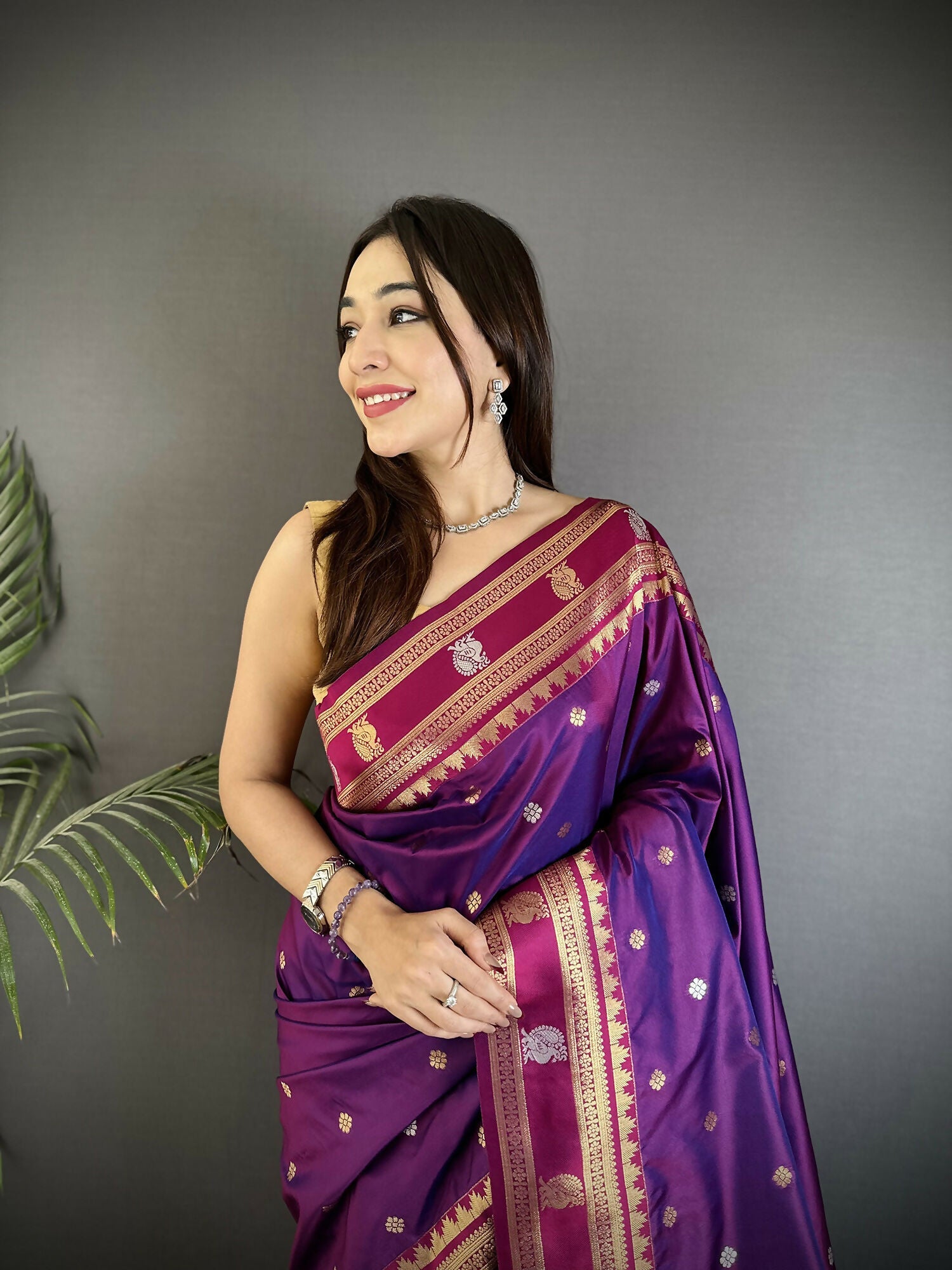 Purple Banarasi Soft Silk Woven Saree with Traditional Motifs