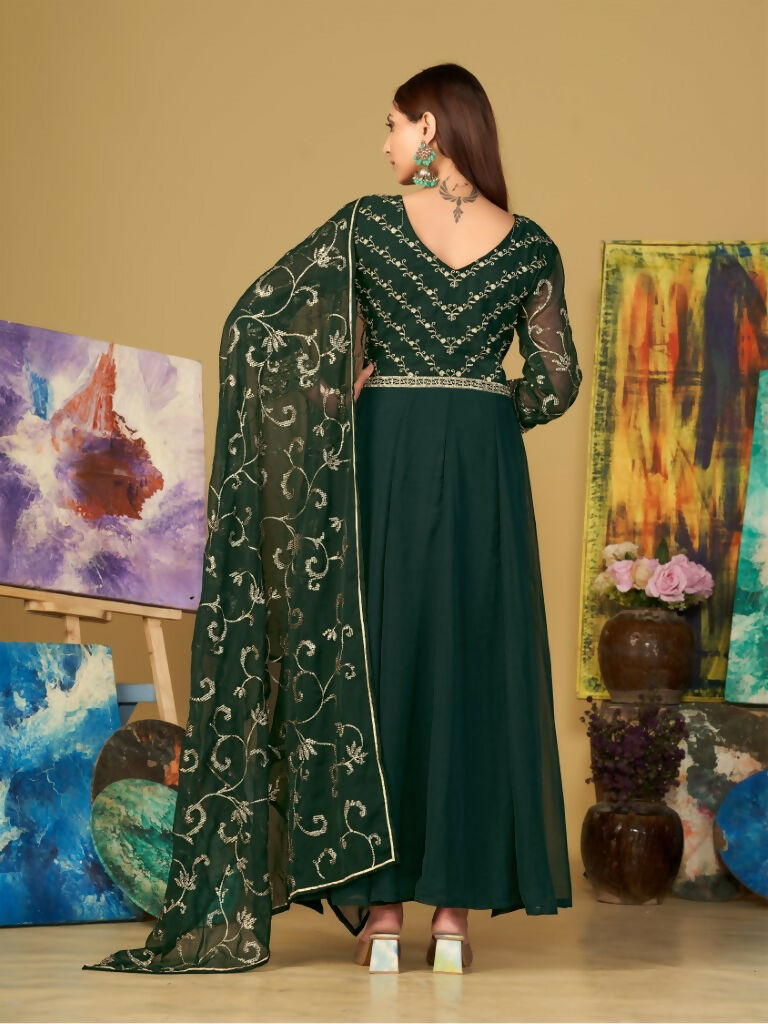 Women's Bottle Green Georgette Embroidered Anarkali Kurta Pant Set