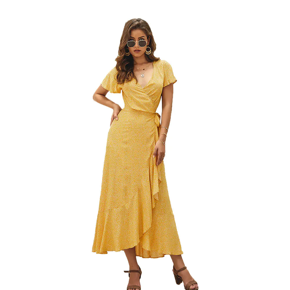 Women's Floral Wrap Midi Dress with V-Neck and Ruffled Hem - Image 11