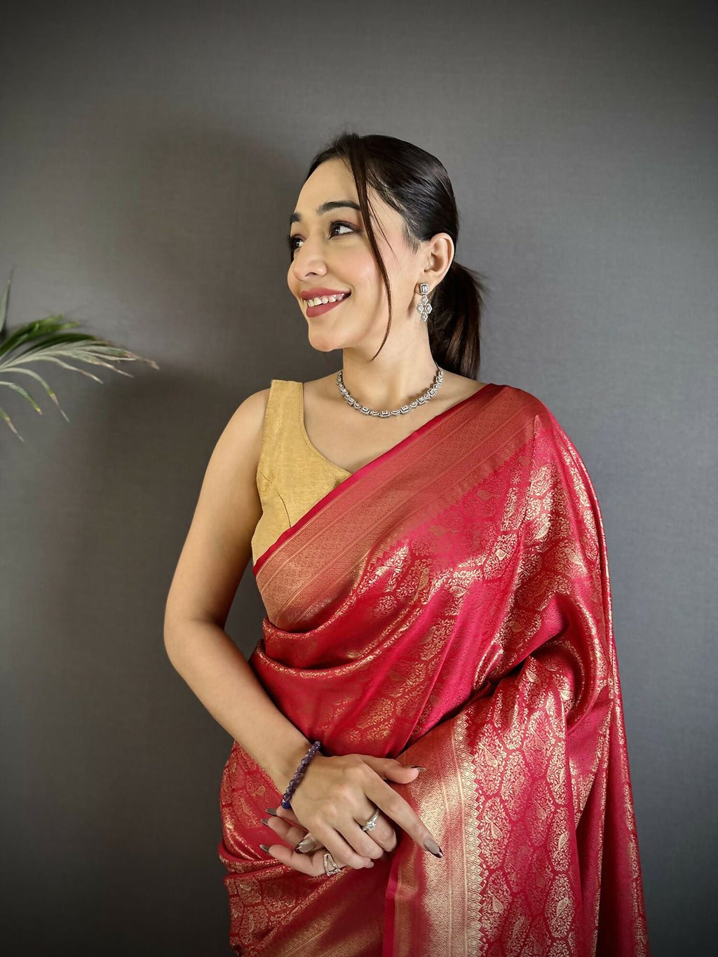 Red Paisley & Floral Soft Satin Silk Banarasi Saree with Blouse