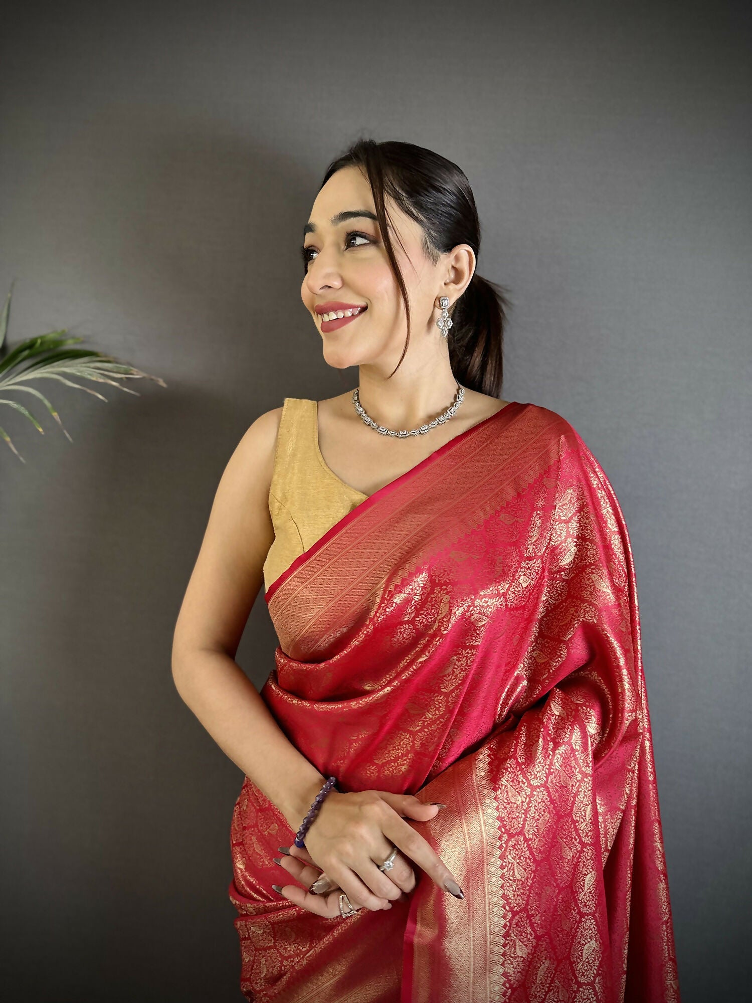 Red Paisley & Floral Soft Satin Silk Banarasi Saree with Blouse