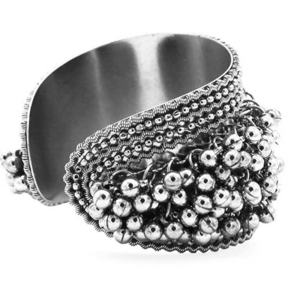 Oxidised silver-plated bracelet with musical ghungroo charm and openable hinge design