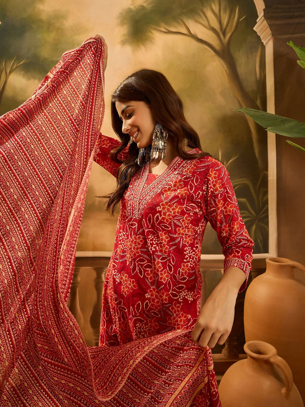 Printed Red Pure Cotton Kurta Set for Women