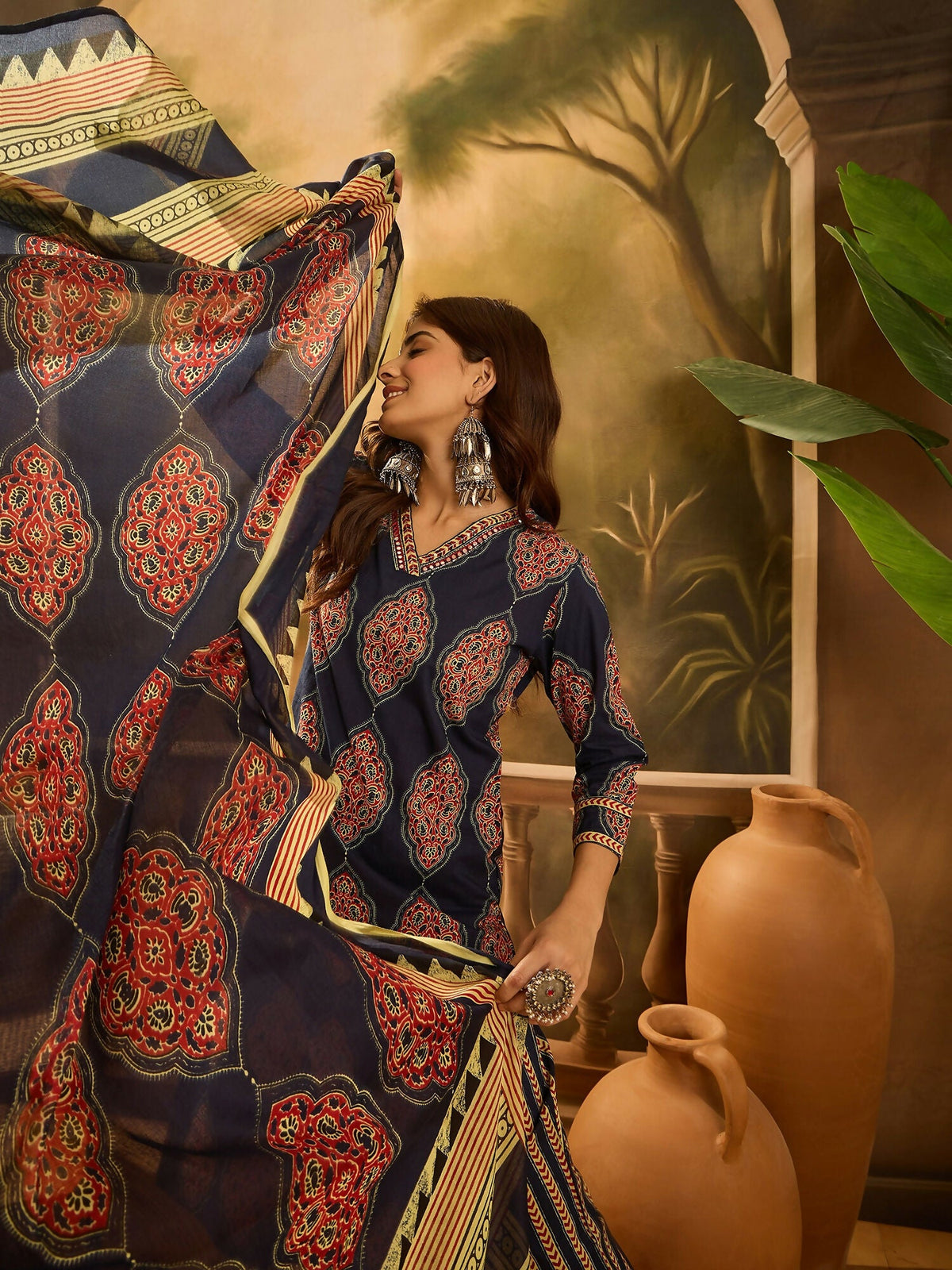 Navy Blue Printed Pure Cotton Kurta Set - Classic Ethnic Wear
