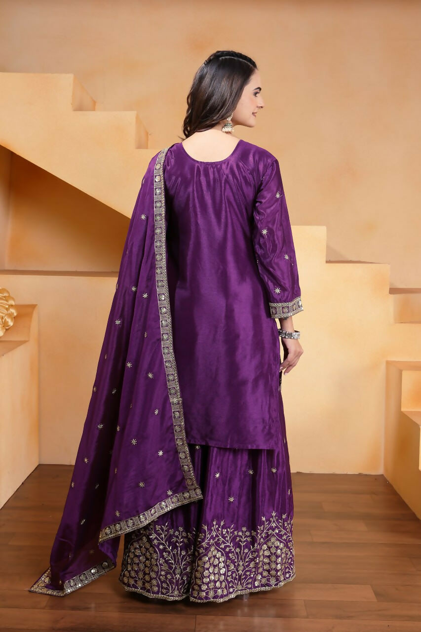 Purple Silk Embroidered Sharara Set with Intricate Detailing