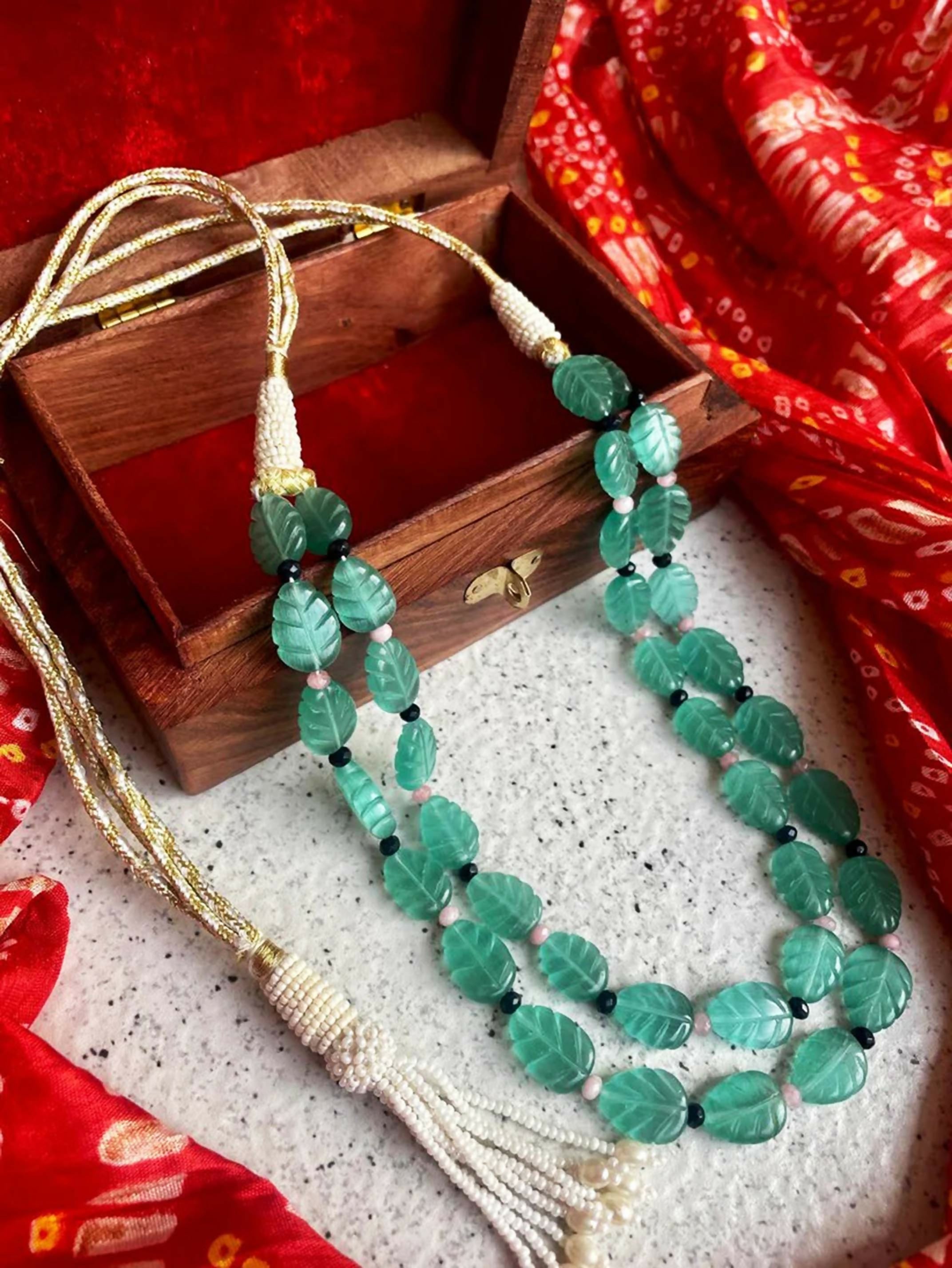 C.Green semi-precious carving stone double layer partywear mala necklace