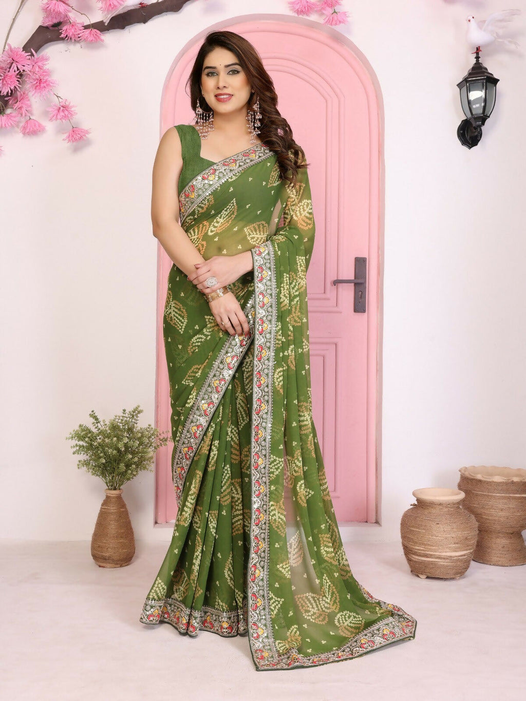 Elegant mehendi green georgette saree with traditional Rajwadi Bandhani print