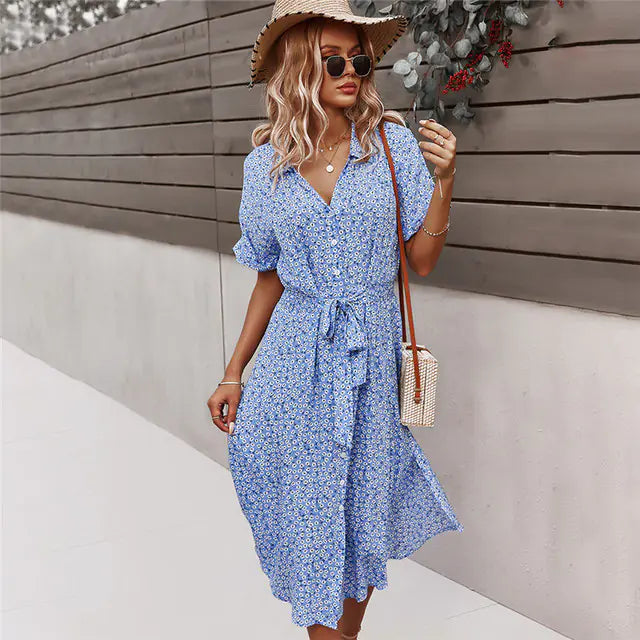 Women's Floral Midi Dress with V Neck and Tie Waist - Image 22