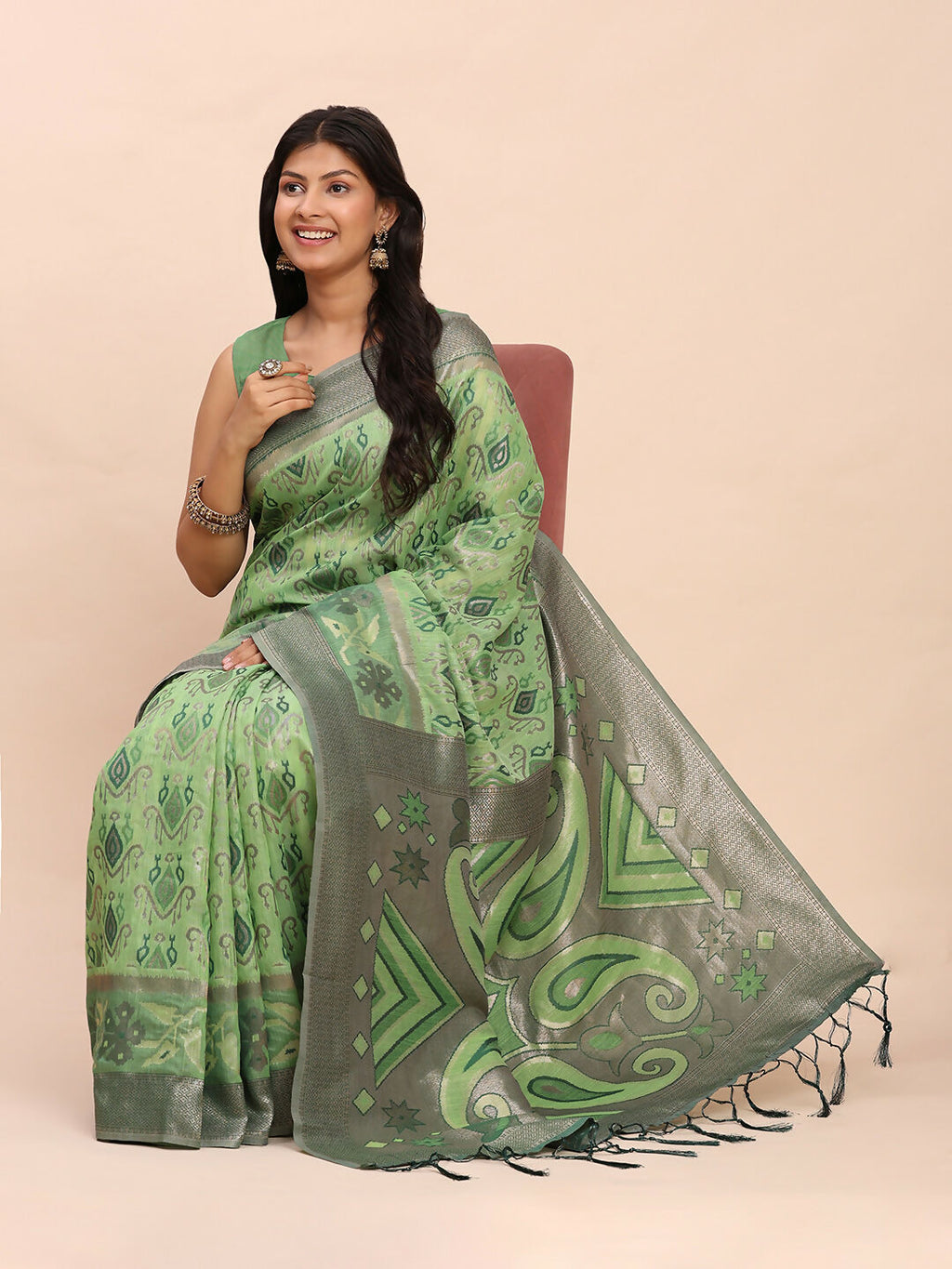Green Linen Cotton Saree with Matching Blouse Piece