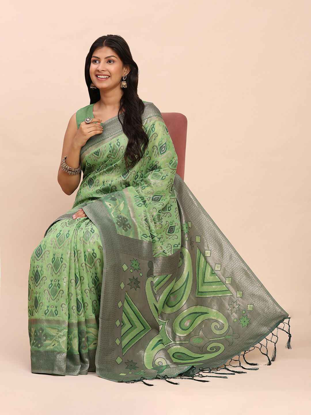 Green Linen Cotton Saree with Matching Blouse Piece