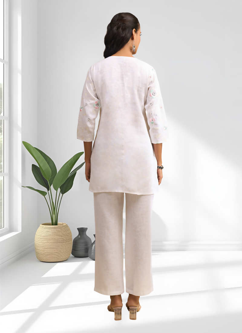 Off White Linen Embroidered Cord Set with Split V-Neck