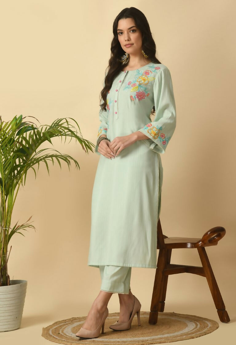 Light Green Cotton Rayon Kurta Set for Women - Ethnic Wear