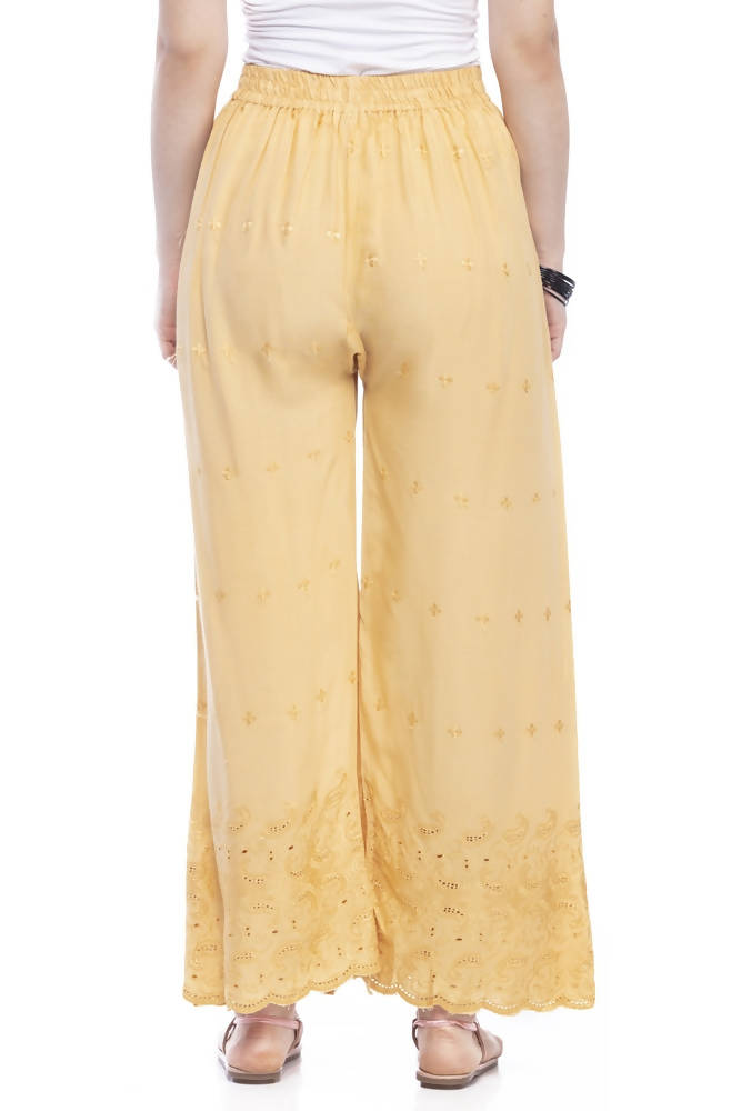 Dark Golden Chikan Embroidery Rayon Cotton Palazzo Pants