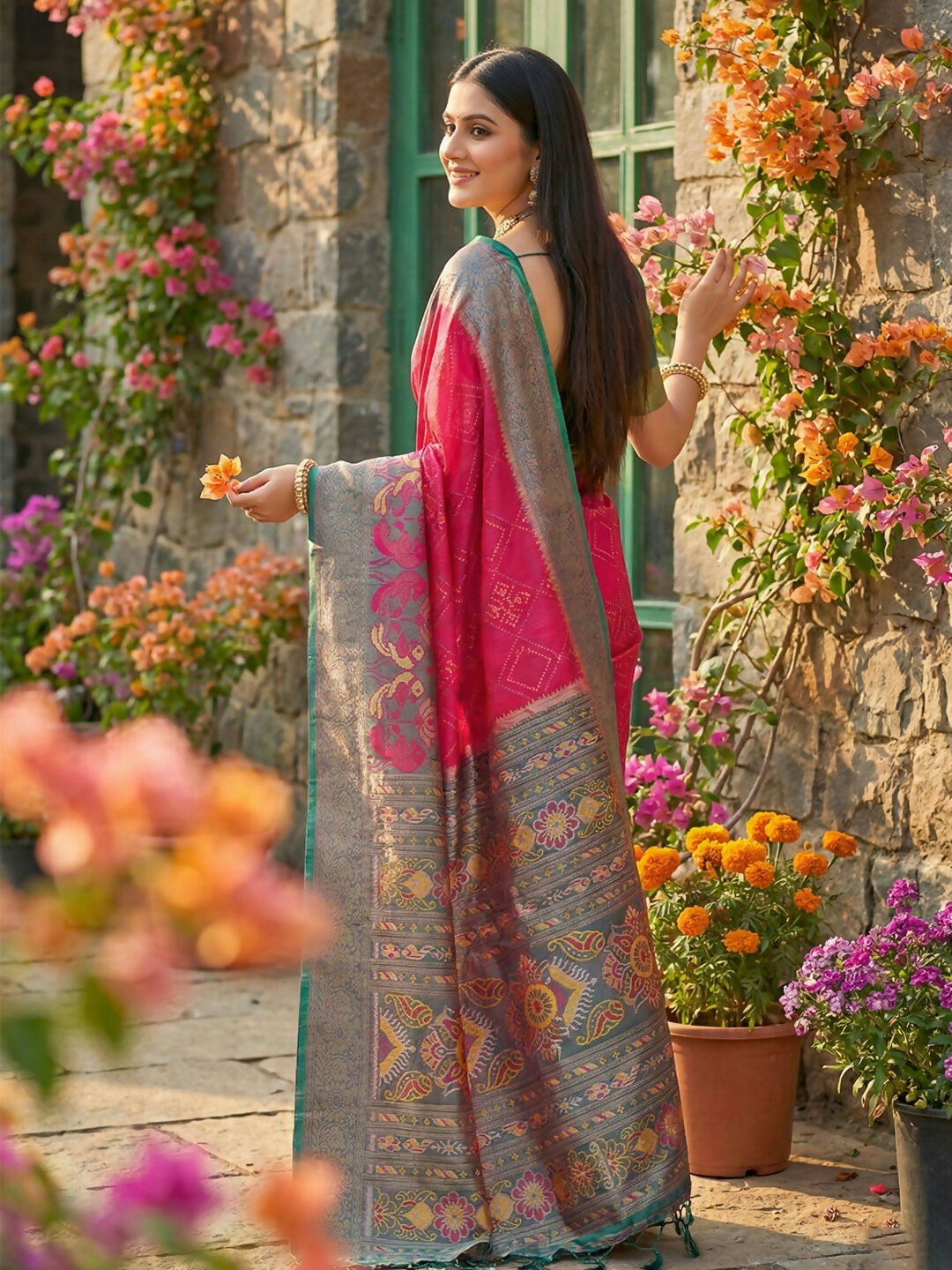 Pink Pochampally Silk Saree with Traditional Weave