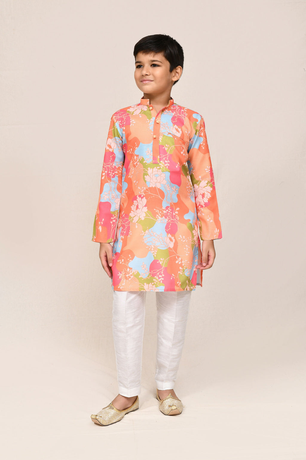 Multicolor linen cotton kurta with straight-fit white art silk pants