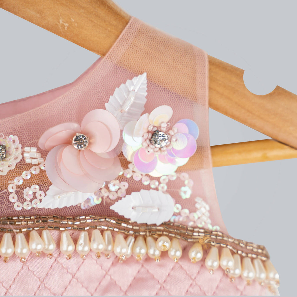 Old Rose Ghagra Choli with Floral Embellishments and Pearls