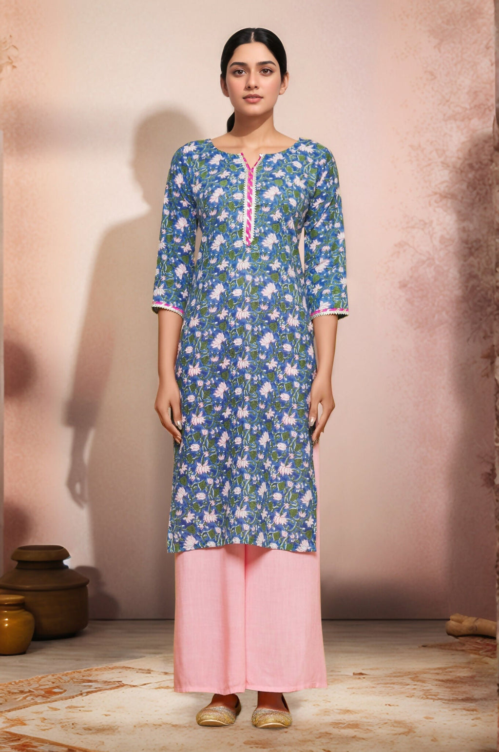 Blue flower printed cotton kurti with lace work on the neckline