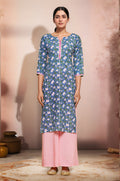 Blue flower printed cotton kurti with lace work on the neckline
